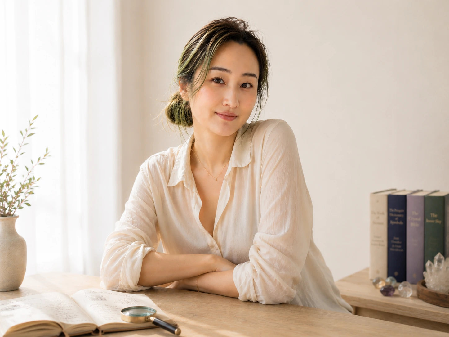 The founder at a worktable with an open notebook, a loupe, and reference books