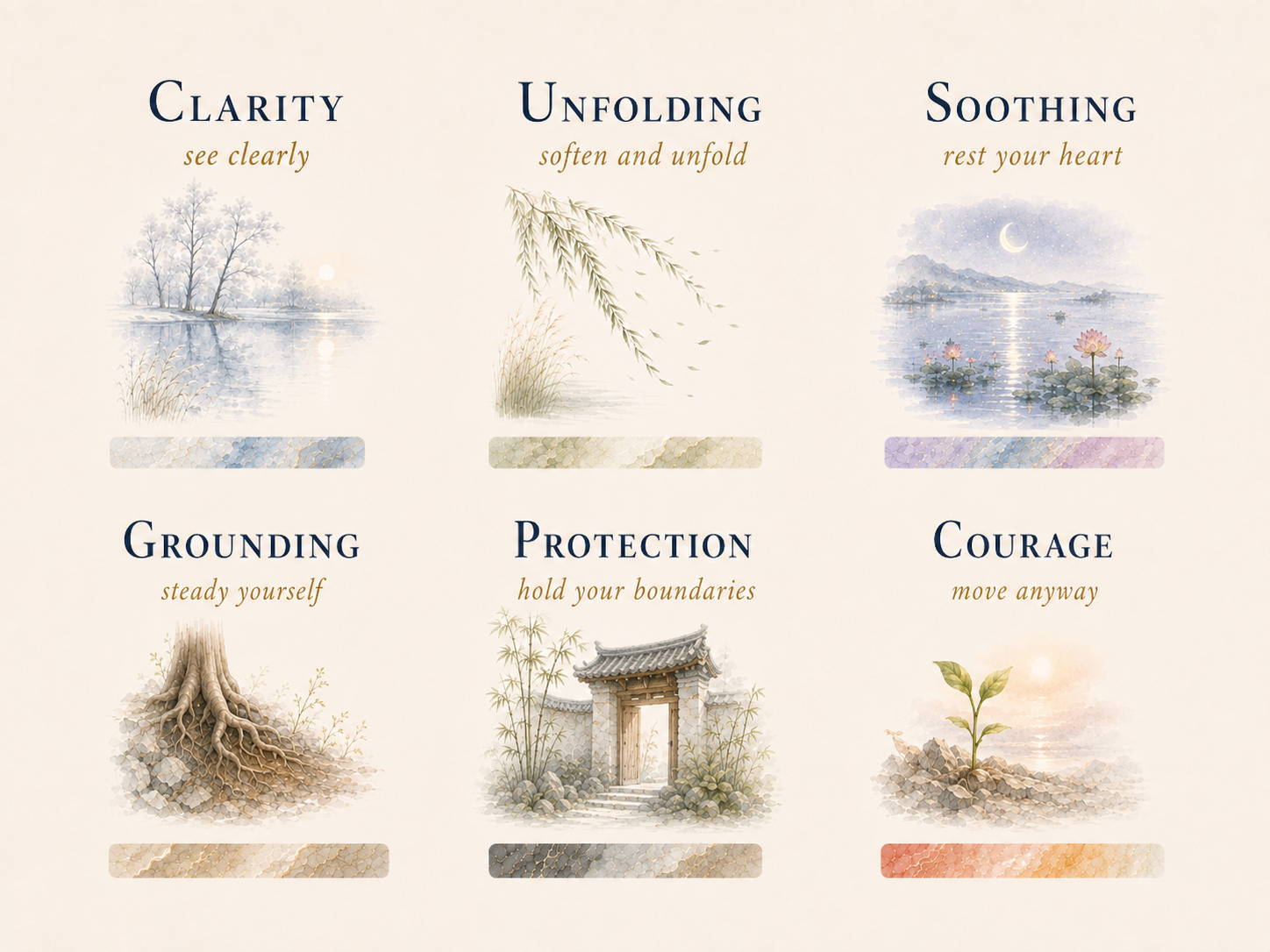 The six Frequency & Stone states: clarity, unfolding, soothing, grounding, protection, and courage