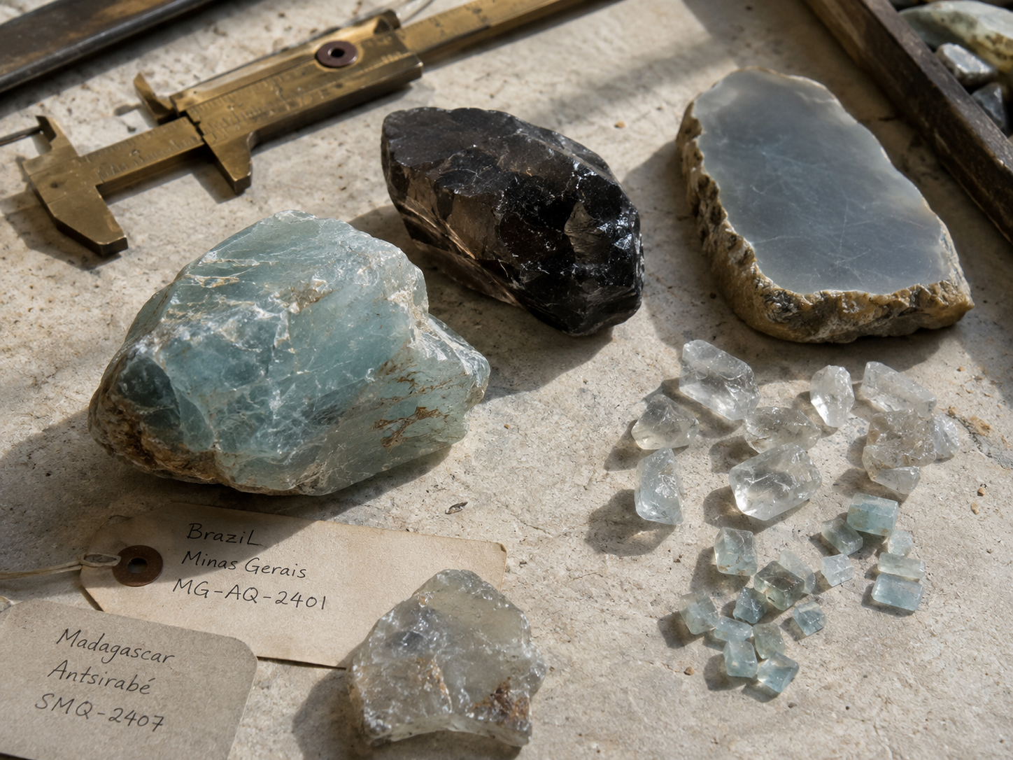 Raw stones, mineral fragments, origin labels, and a measuring caliper on a studio worktable