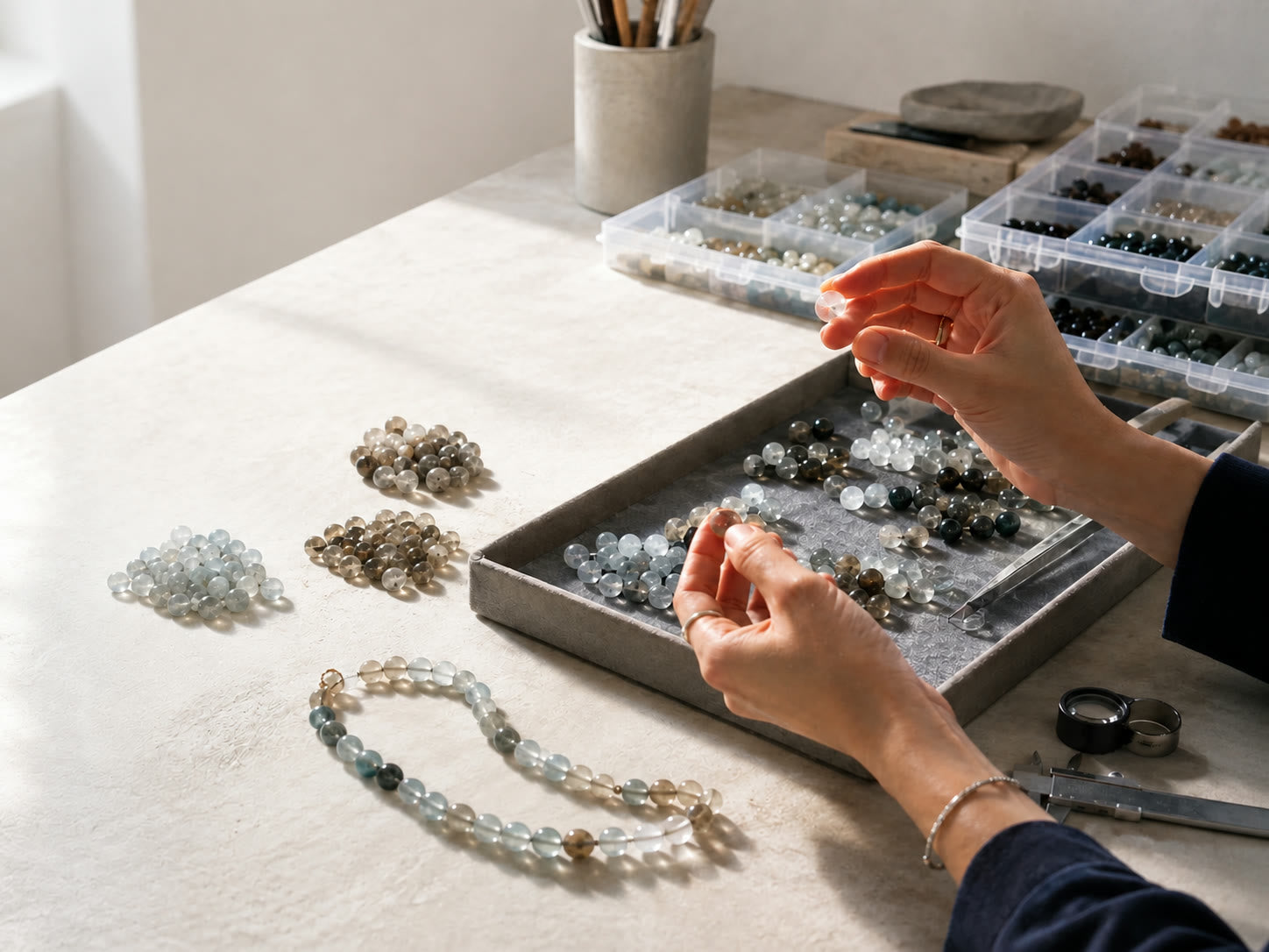 Hands selecting natural stone beads at a studio worktable