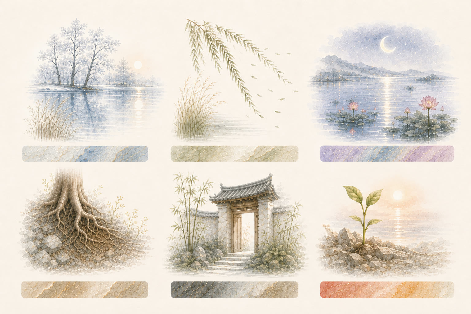 Six quiet illustrated scenes representing the Frequency and Stone states