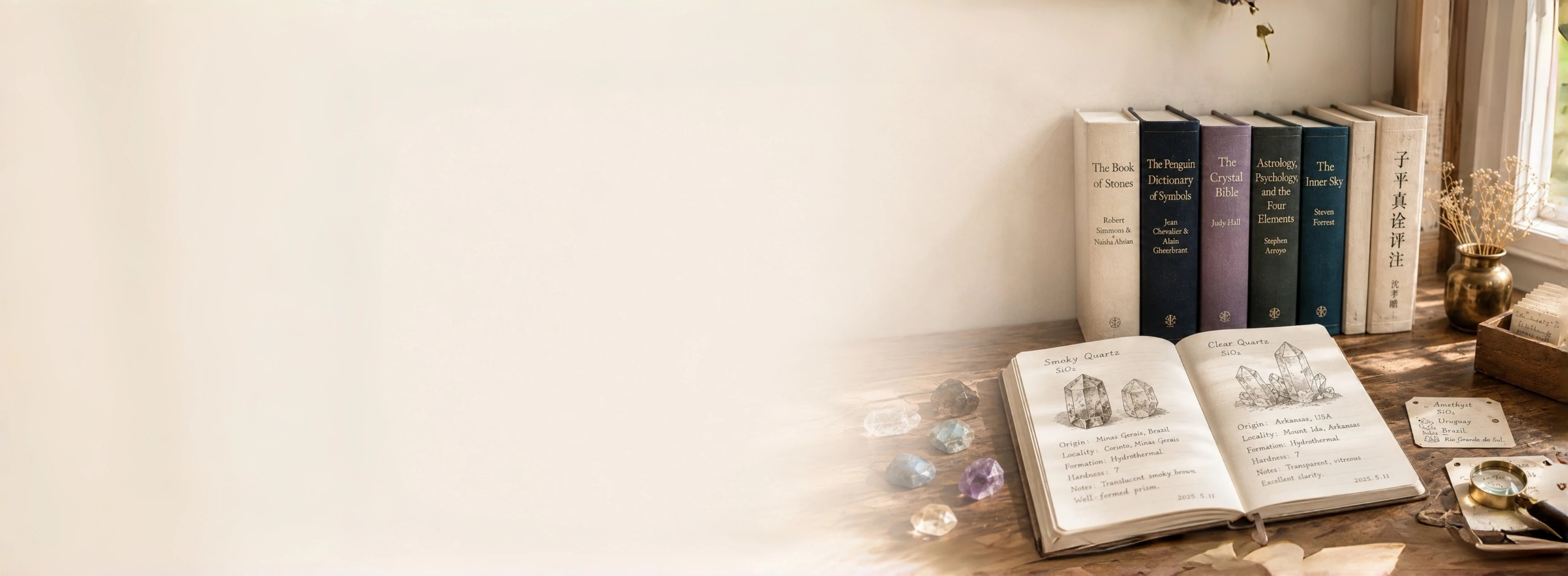 An open field notebook of stone records beside reference books and loose raw stones