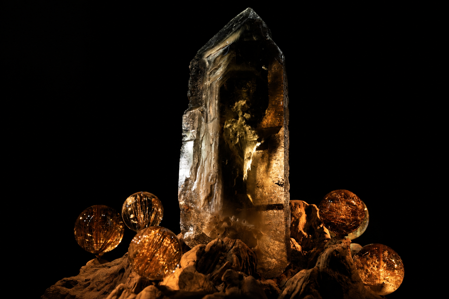 A luminous quartz point rising from a miniature landscape of mineral spheres and stone ridges