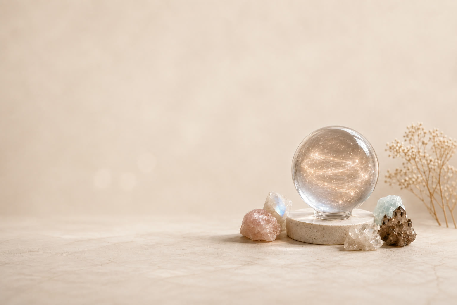 A luminous glass sphere and natural stones arranged for Stone Match