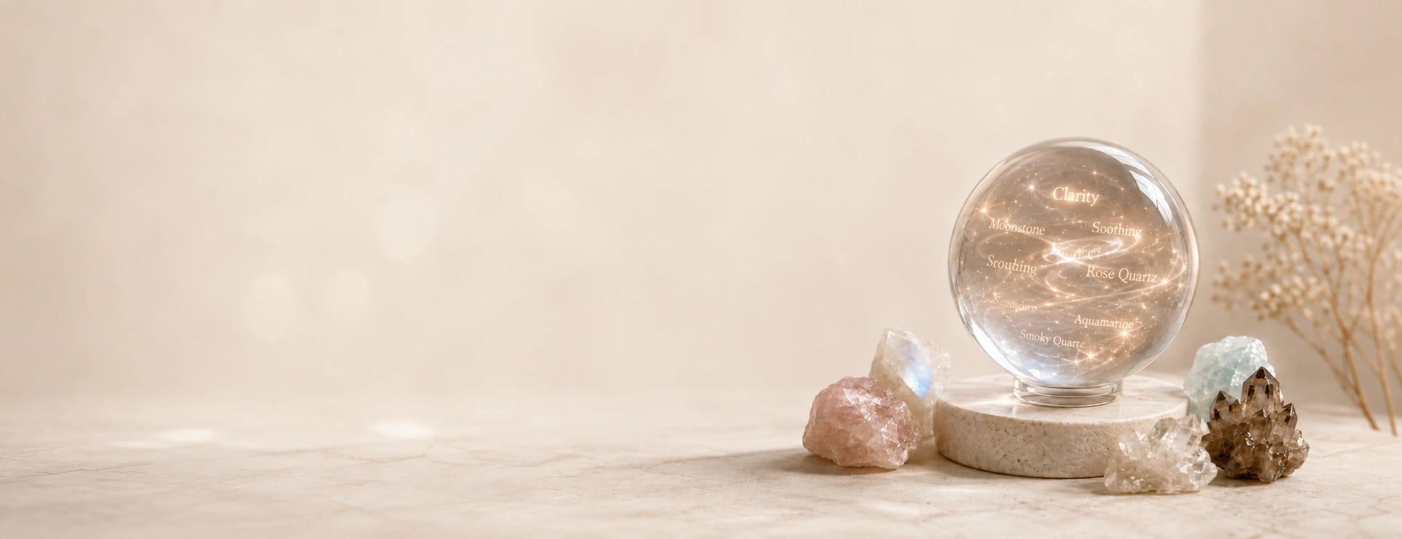 A glass sphere and raw natural stones on a pale stone surface