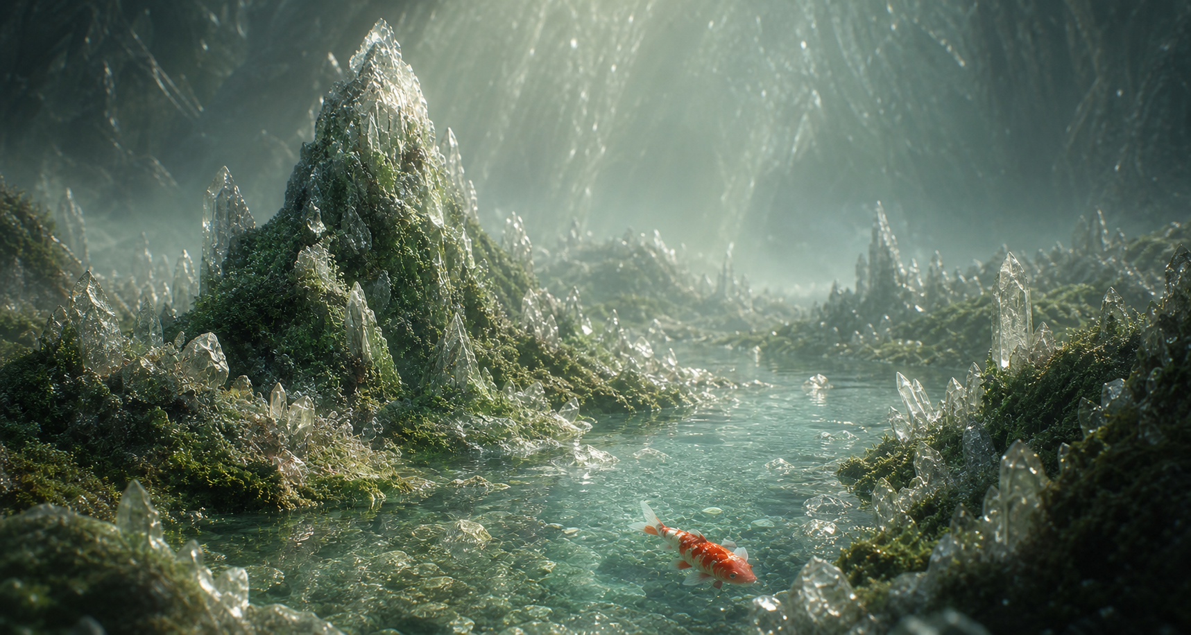 Concept world of crystal mountains, clear water, and a koi